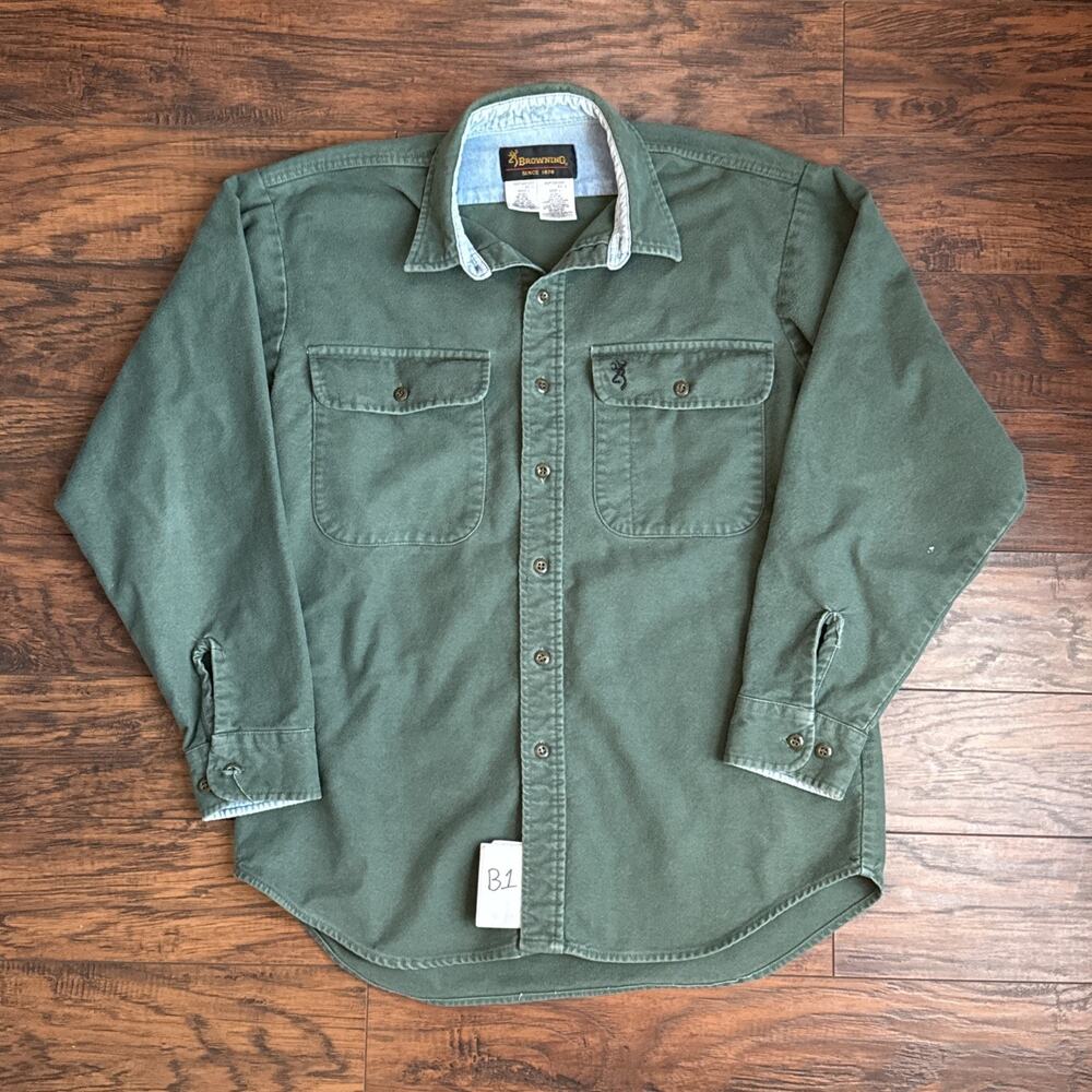 Vintage Browning Flannel Shirt Mens L Green Cotton Long Sleeve Buckmark